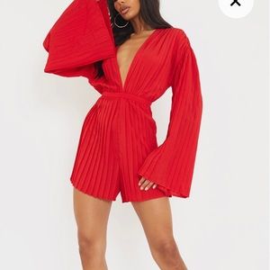 Red Plunge Pleated Romper